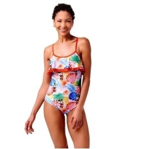 Disney Minnie Mouse Women’s one-piece swimsuit with a tropical leaf print, M NWT